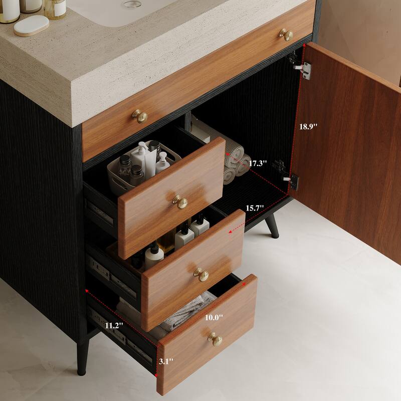 Mid-Century Modern Free-Standing Bathroom Vanity with Ceramic Sink & Sintered Stone Top