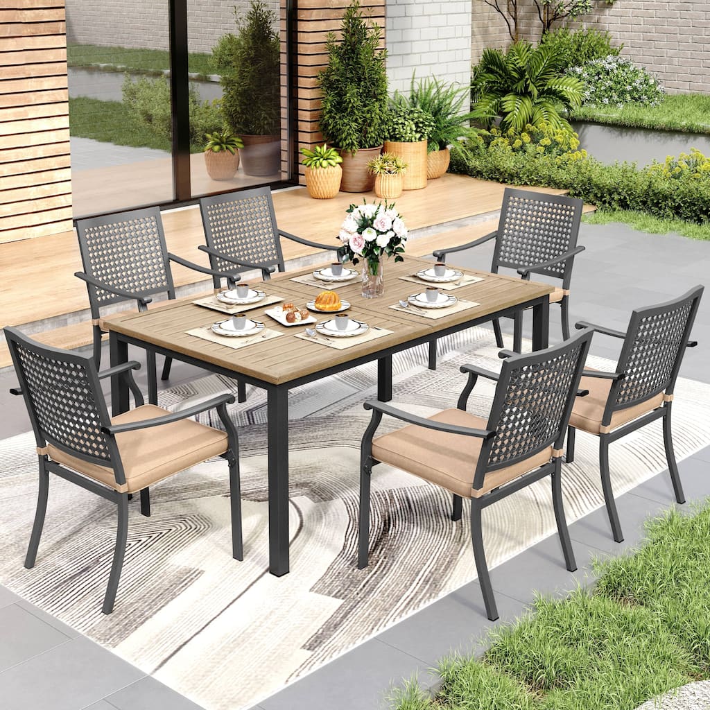 7-Piece Patio E-coating Dining Set of 6 Stackable Chairs & 1 Metal Dining Table