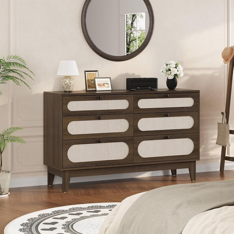 6-Drawer Rattan Dresser with Power Outlet, Wooden Chest of Drawers