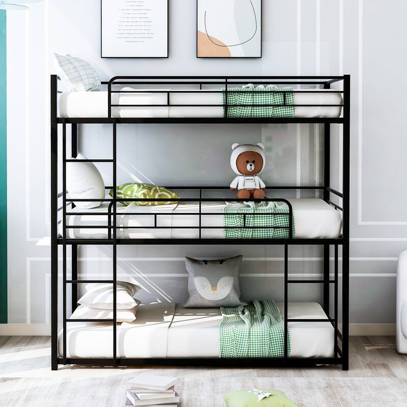 Metal Twin Size Triple Bunk Bed - Sturdy, Space-Saving Design, Full-Length Guardrails, Black/Grey