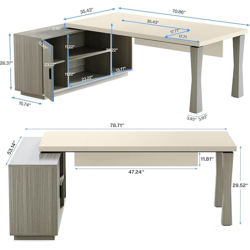 8.7" Executive Desk, L-Shaped Office Table with Cabinet & Shelves