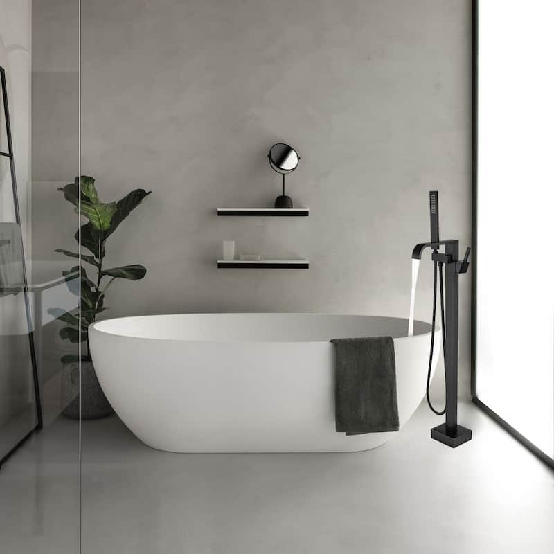Floor Mount Tub Faucet Freestanding Tub Filler With Handheld Shower in Matte Black