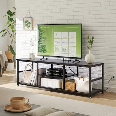 VECELO 55 Inch Black TV Stand TV Media Console Table Entertainment Center with Power Outlets and Open Storage Shelves