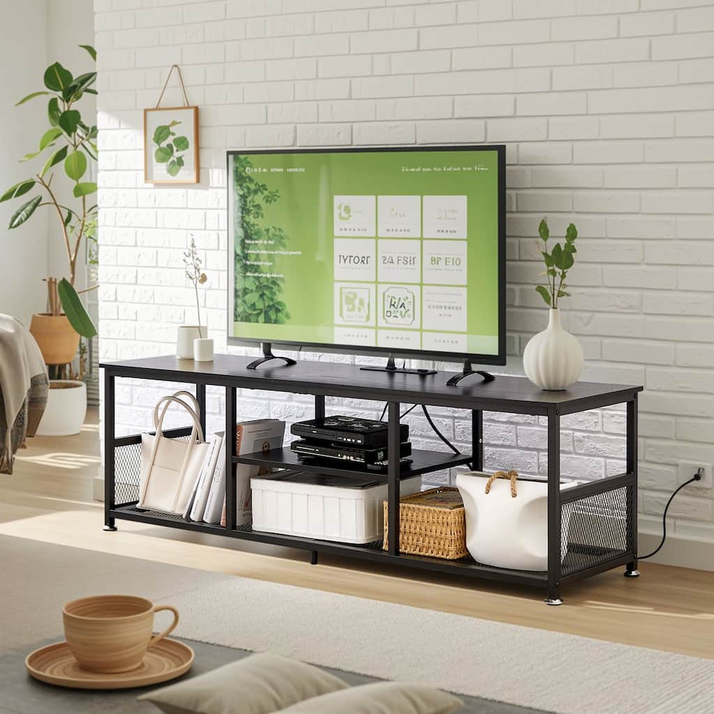 VECELO 55 Inch Black TV Stand TV Media Console Table Entertainment Center with Power Outlets and Open Storage Shelves