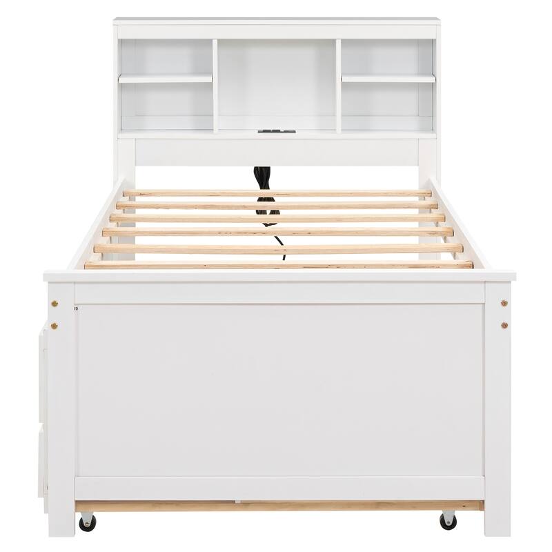 Platform Bed with Storage Headboard, USB, Twin Size Trundle and 3 Drawers
