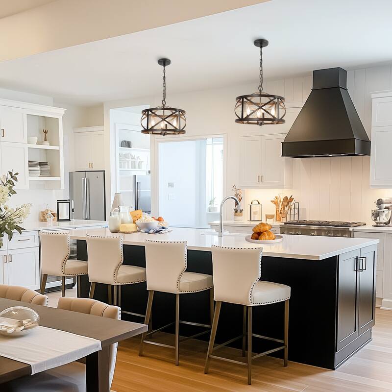 Modern Farmhouse 4-Light Drum Chandelier Wood Grain Lights for Dining Room - D15.5" x H76"