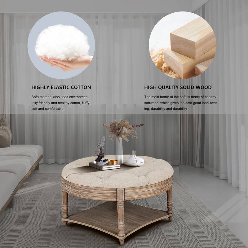 Large Round Ottoman Coffee Table 2 Tier, Oversized Button with Wooden Shelf Storage, Living Room Footstool Ottoman Linen