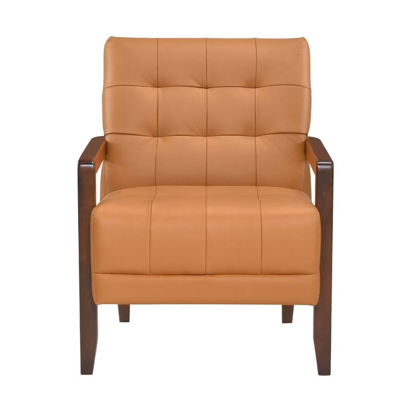 Lenie Accent Armchair, Button Tufted Orange Leather, Walnut Brown