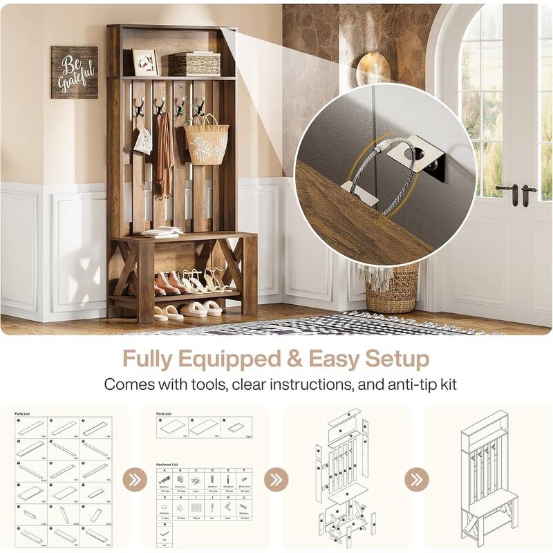 70.8" Tall Freestanding Coat Rack with Shoe Bench and Hooks, Narrow Hall Tree Organizer for Entryway, Hallway