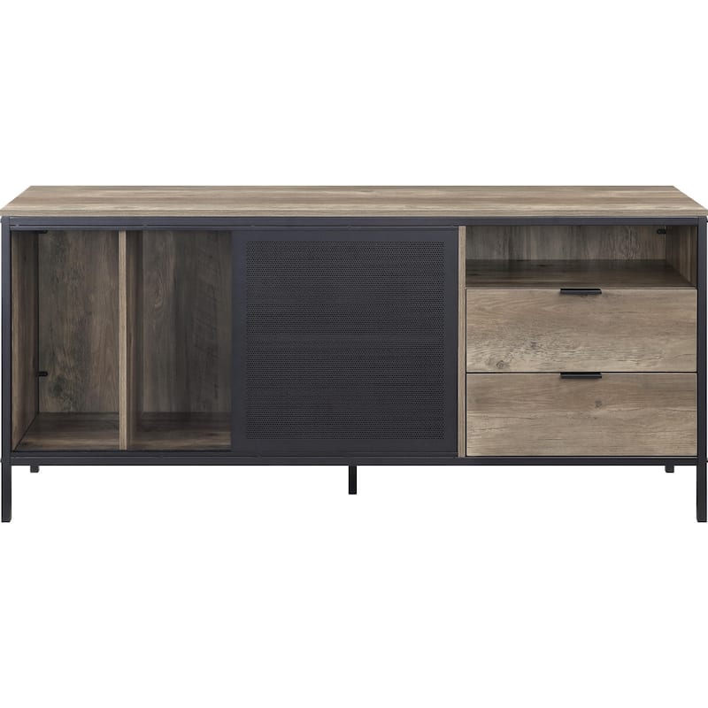 2 Drawers and 5 Open Compartments TV Stand in Rustic Oak and Black Finish - Rustic Oak/Black
