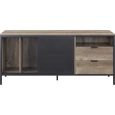 2 Drawers and 5 Open Compartments TV Stand in Rustic Oak and Black Finish