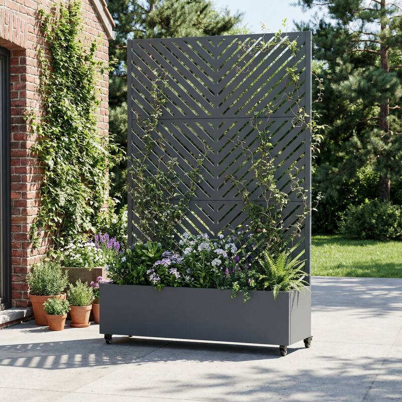 Raised Garden Bed Planter with Trellis Movable Planter Box with Lockable Wheels