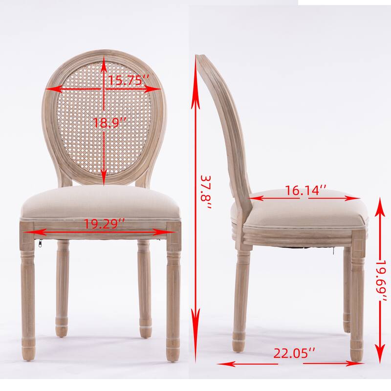 Linen Solid Wood 2 Piece Kitchen Dining Chair with Cushion, Rattan Back for Dining Room Kitchen Living Room Bedroom