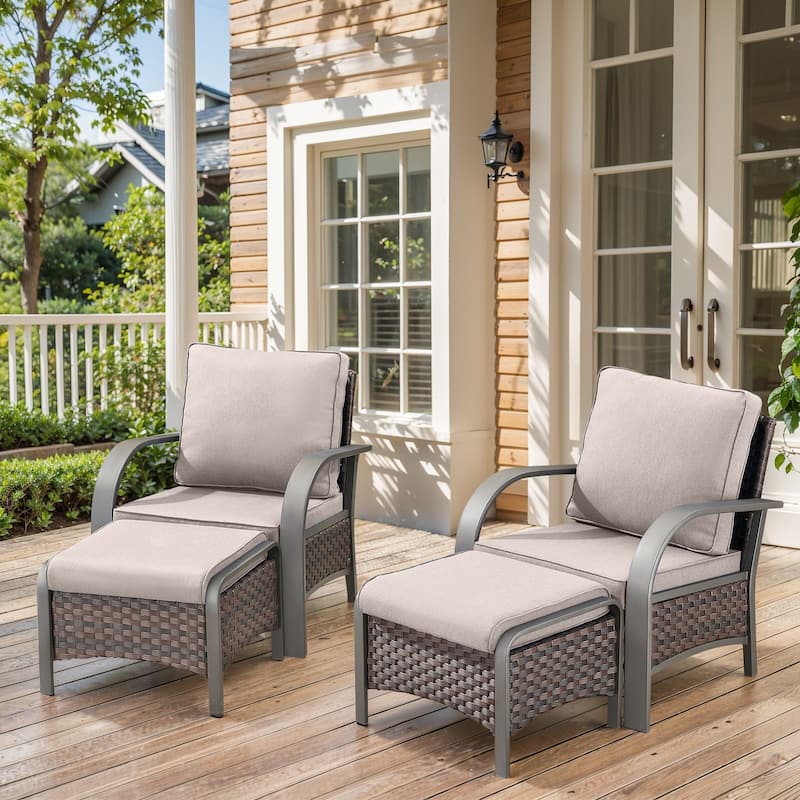 4 Piece Outdoor Patio Rattan Chair with Ottomans - Beige - Brown