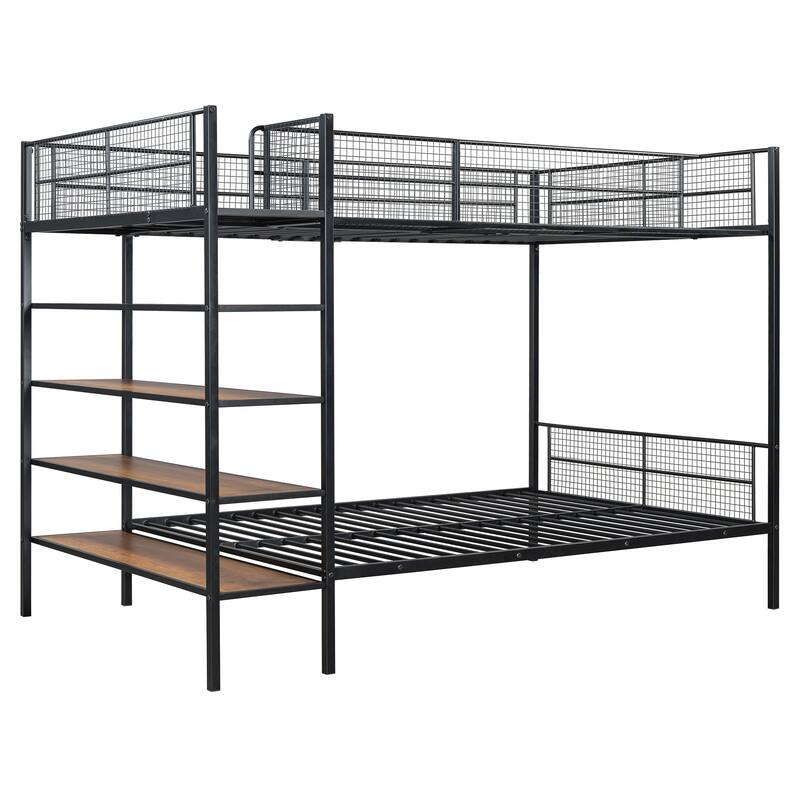 Twin Over Full Metal Bunk Bed with 5-Tier Shelves, Black