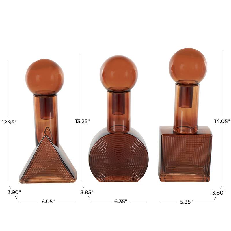Brown Glas Ombre Geometric Living Room Decorative Jars with Textured Grooves and Round Orb Tops (Set of 3)
