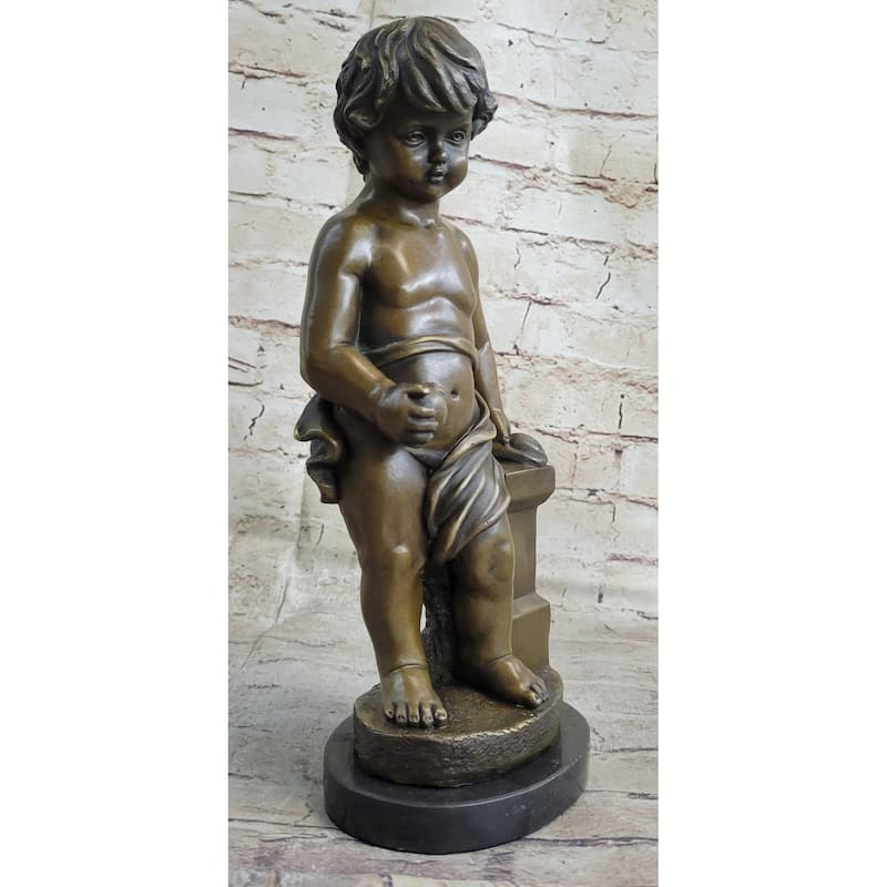 Young Boy Child Cherub Holding Apple Clical Hot Cast Bronze Statue Sculpture Decor