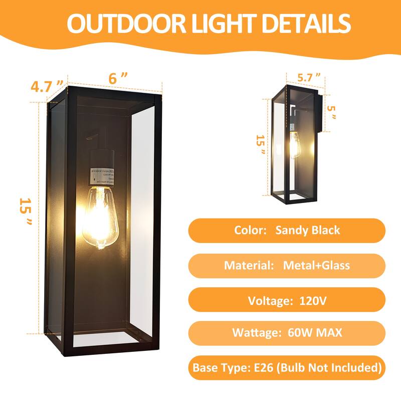 Modern Outdoor Wall Lanterns,with Rectangular Metal & Glass Sconce, Waterproof Exterior Wall Light for Patio/Front Door/Garden
