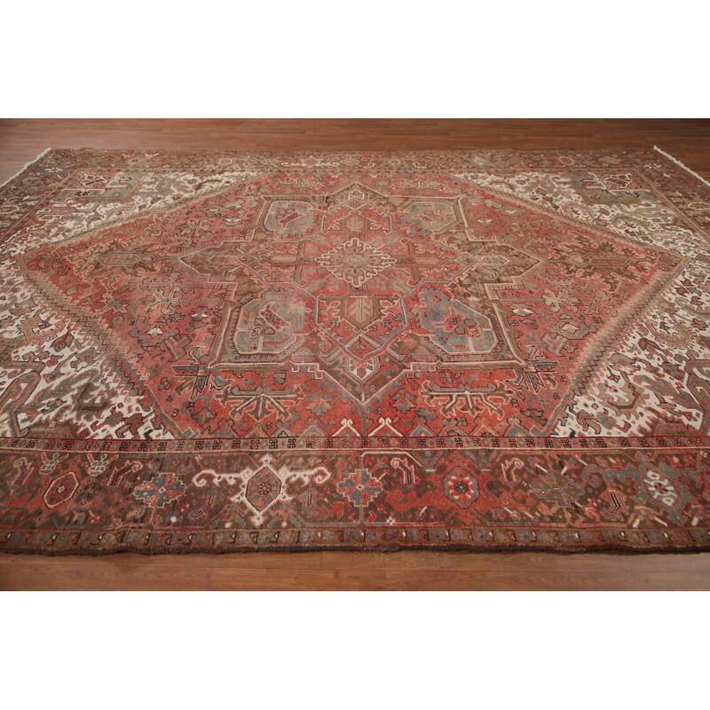 Hand Knotted Oriental 100% Wool Carpet Traditional Medallion Pink Heriz Area Rug - 12' 7'' X 9' 9''
