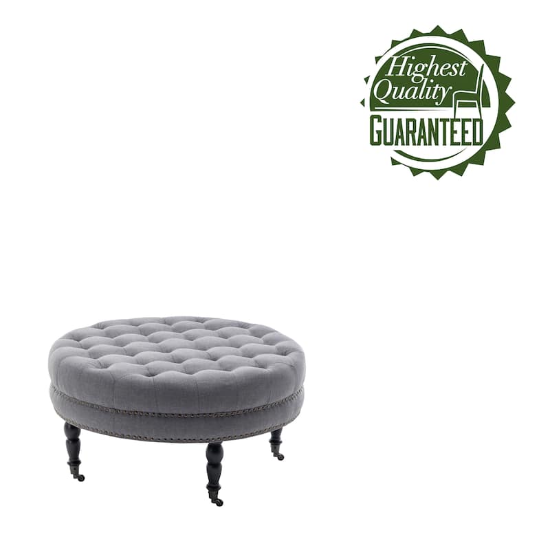 Porthos Home Indy Fabric Round Cocktail Ottoman with Rubberwood Legs and Wheels
