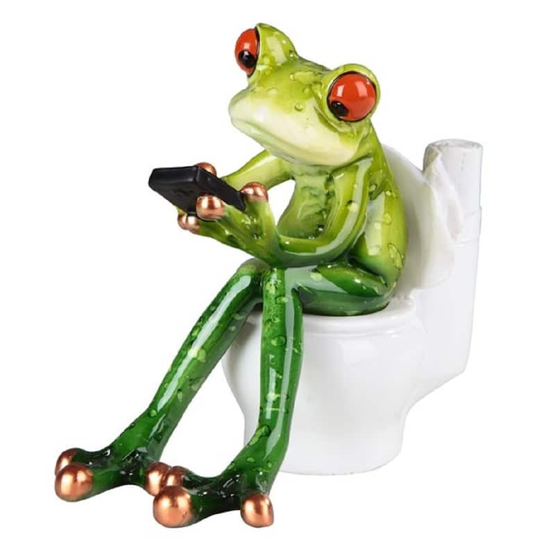 Q-Max 5.25"H Tree Frog Sitting on Toilet Holding Phone Statue Funny Animal Decoration Figurine
