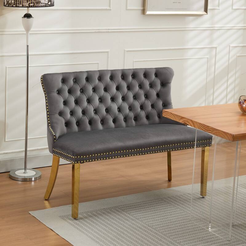 Roomfitters Upholstered Loveseat Bench with Nailhead Trim and Gold Legs, Modern High Back Settee for Dining Room