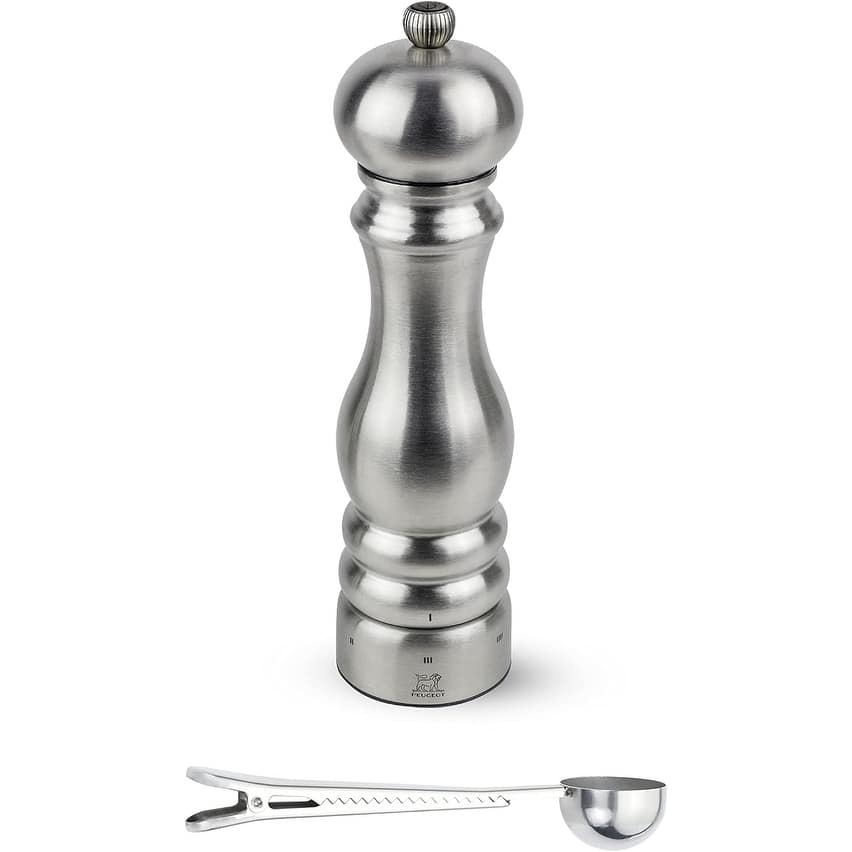 Peugeot Paris Chef u'Select Stainless Steel Pepper Mill - With Stainless Steel Spice Scoop/Bag Clip (9 -Inch, Pepper Mill)