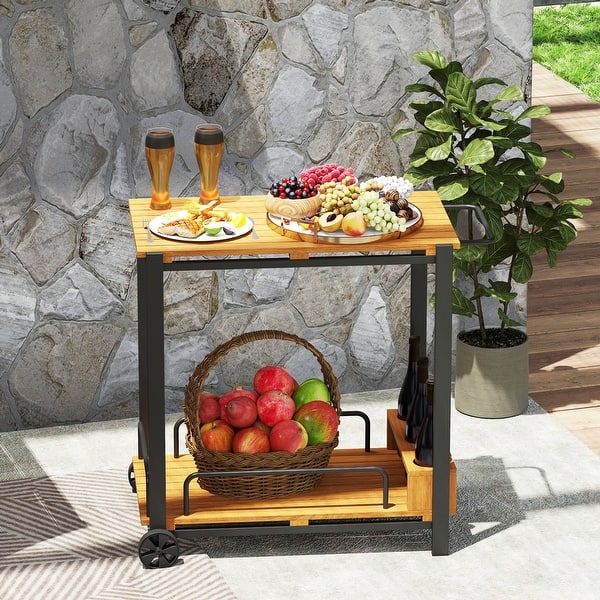 slide 2 of 9, Outsunny Acacia Wood Outdoor Bar Cart with Wheels, Rolling 2-Tier Coffee & Drink Cart with 3 Bottle Holders, Outdoor Serving Teak