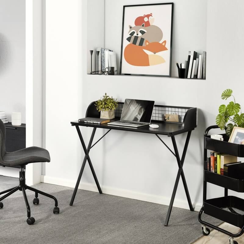 Homylin Modern Metal Frame Writing Desk with Raised Back Shelf, Black