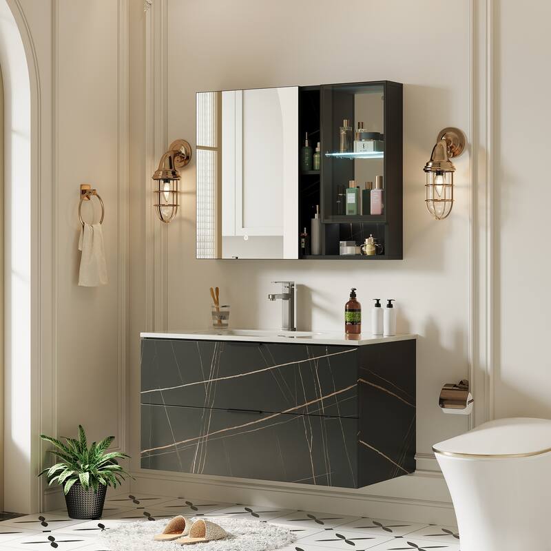 Recessed Mount Aluminum Frameless Medicine Cabinet With Glass Door, Adjustable LED Light, Mirrored Door, And Fixed Shelves