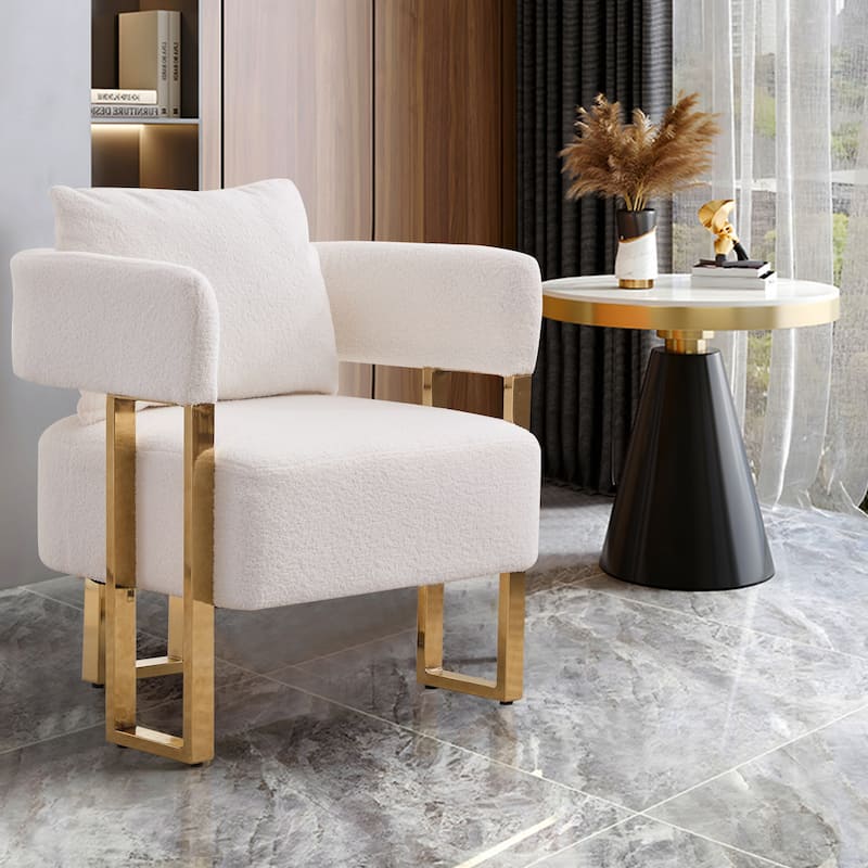 White+Gold Modern 24.41" Upholstered Accent Chair with Gold Metal Legs for Dressing Area (Set of 2)