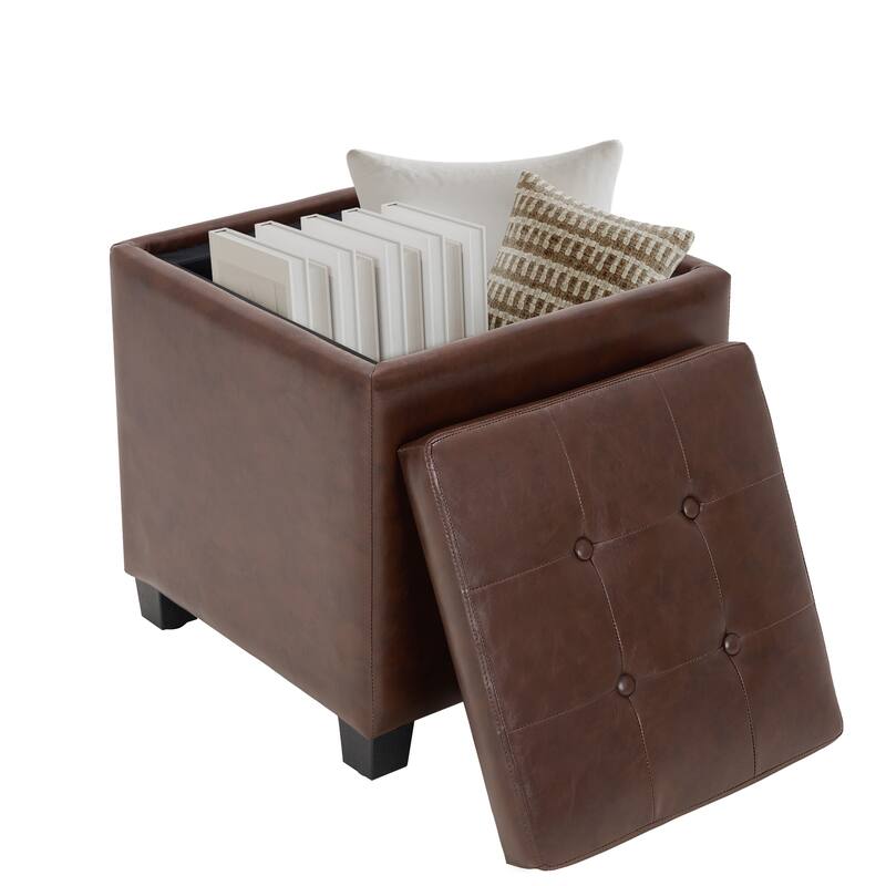 RENEWLINE ​18" Square Storage Ottoman with Tray - 250LBS Weight Capacity, Leather Upholstered Footstool for Living Room