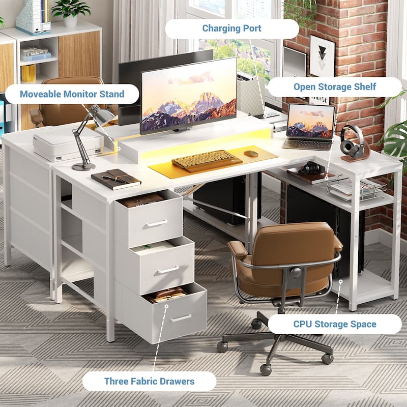 Reversible 53'' L Shaped Computer Desk with Power Outlets & LED Lights,Gaming Desk with 3 Drawers & Monitor Stand