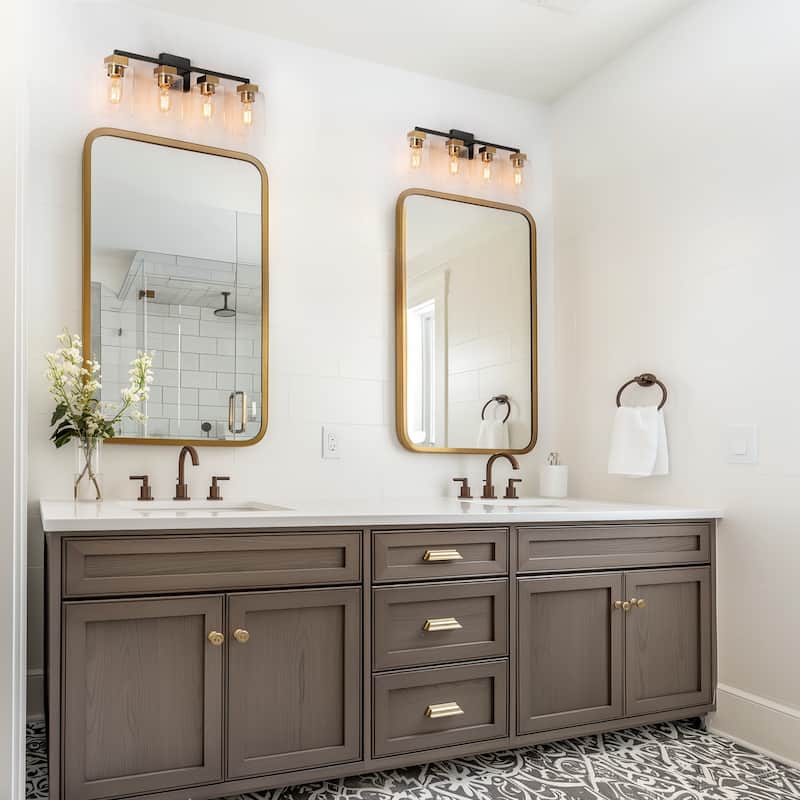 Caylin Mid-Century Modern Black Gold 4-Light Square Bathroom Vanity Lights Dimmable Wall Sconces - 25"L x 5.5"W x 10"H
