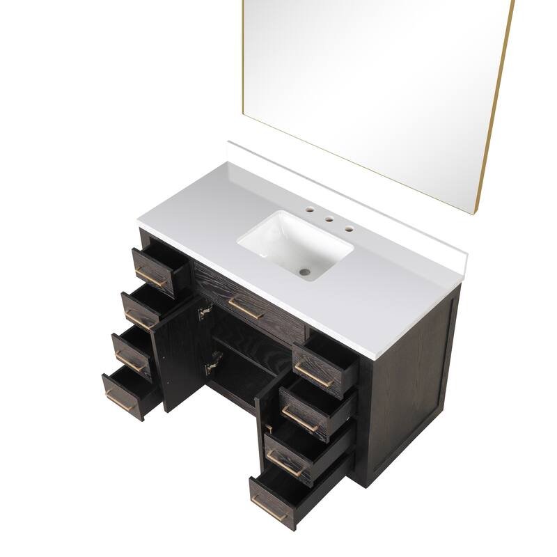 Abbey 48 in W x 22 in D Black Oak Single Bath Vanity, White Quartz Top, and 46 in Mirror