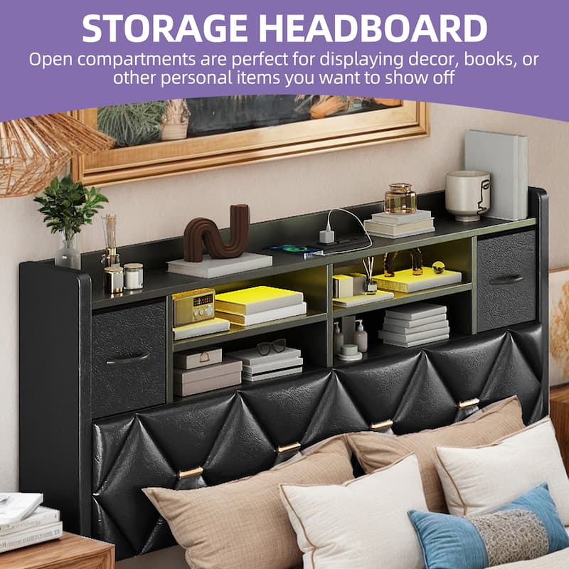 Black Farmhouse Bed Frame Upholstered Headboard Platform Bed with Charging Station