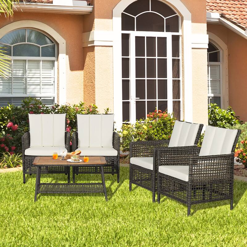 Costway 5PCS Patio Rattan Furniture Set Cushioned Sofa Armrest Wooden - Mix Black + Brown + Off White