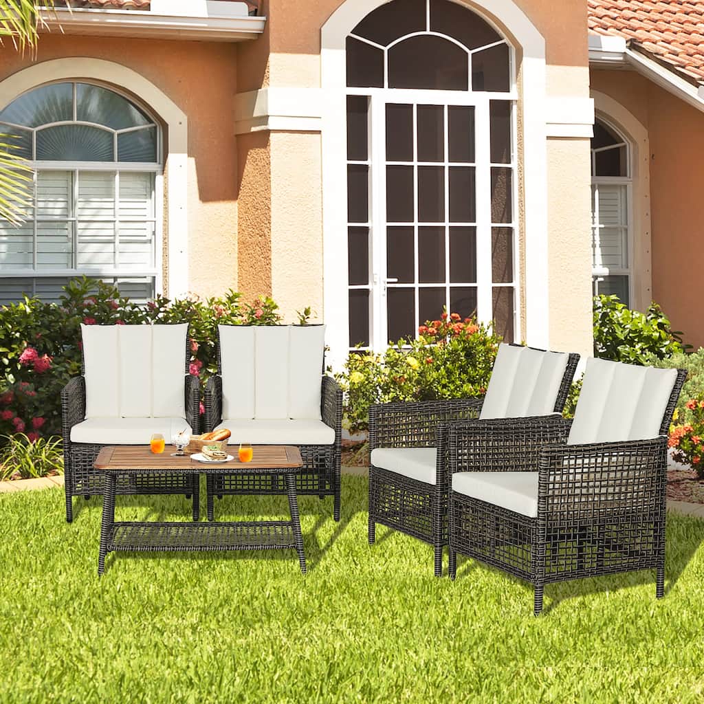 Costway 5PCS Patio Rattan Furniture Set Cushioned Sofa Armrest Wooden