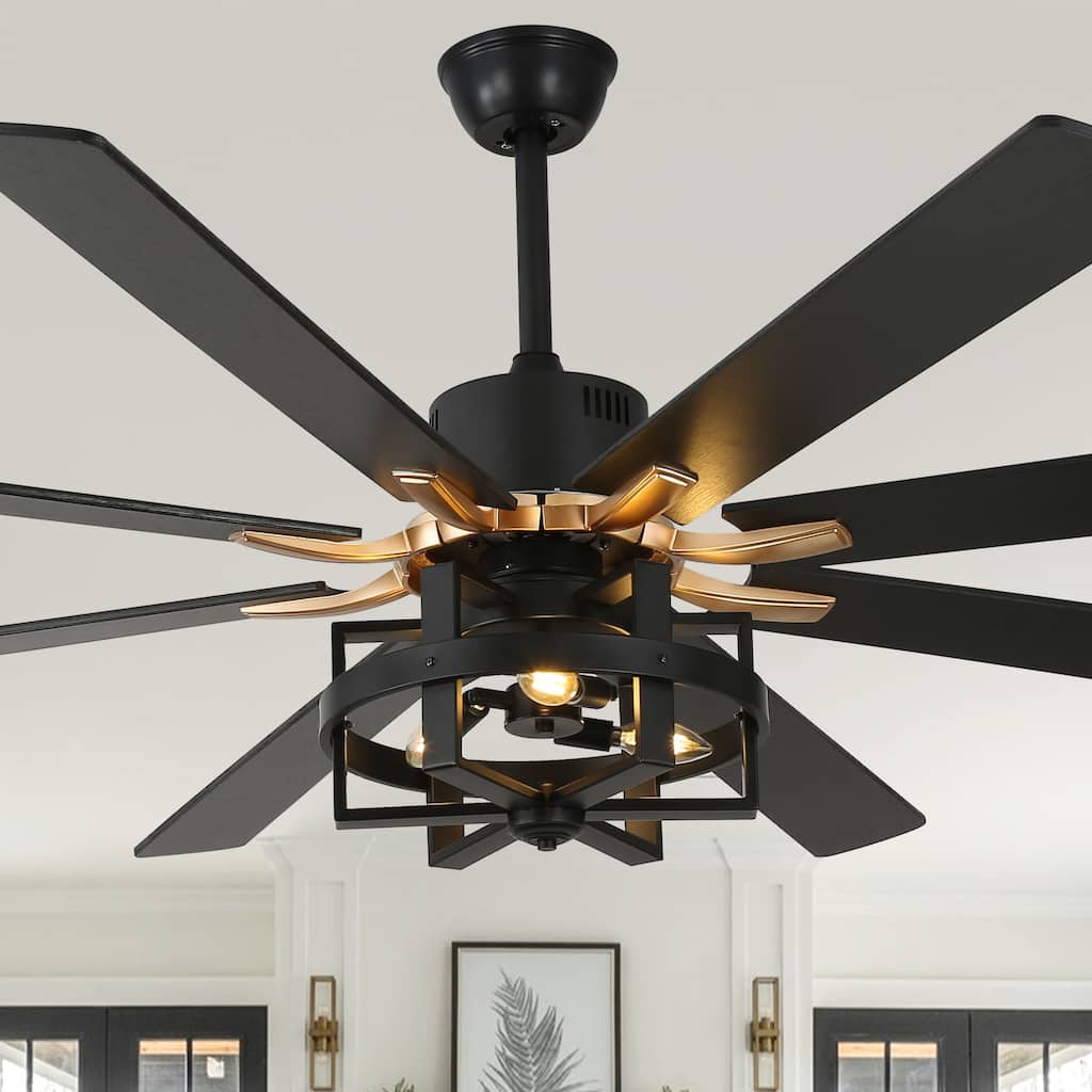 Cusp Barn 65" Industrial Black Caged Ceiling Fan with Lights and Remote, 6 Speeds Silent Reversible DC Motor Large Ceiling Fan