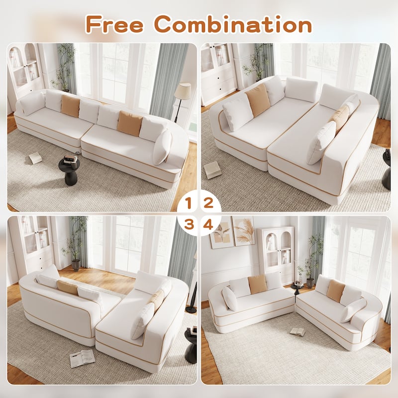 Roomfitters No Assembly Modular Sofa, 106 Inch Teddy Fabric Floor Couch with Chaise, White