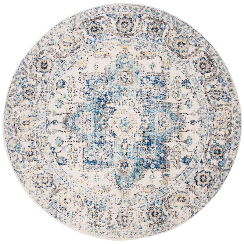 SAFAVIEH Madison Delois Medallion Rustic Farmhouse Distressed Rug - 9' Round - Turquoise/Ivory