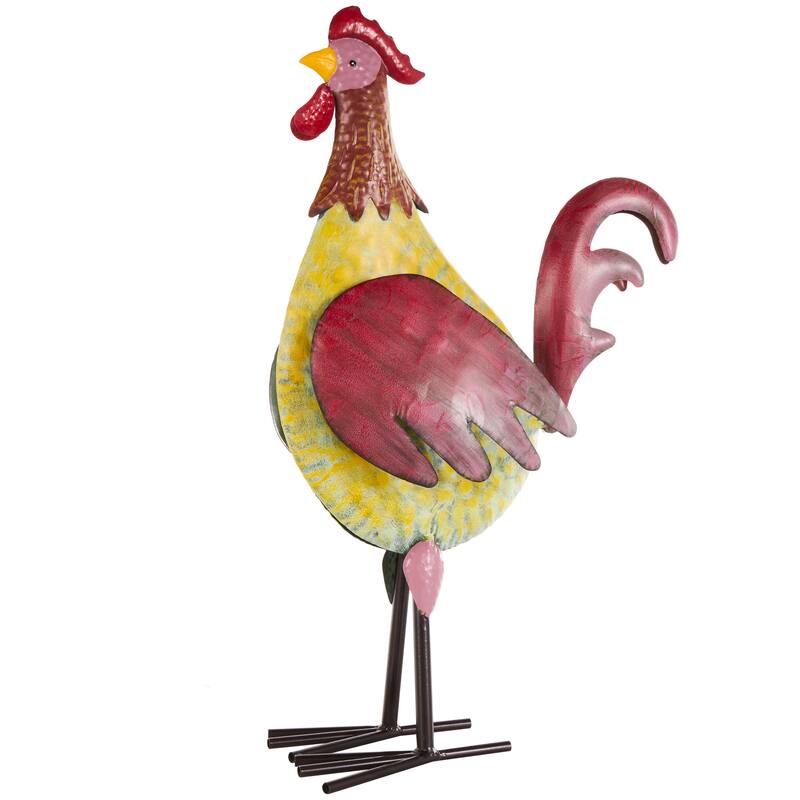 Black Metal Textured Rooster Decorative Garden Sculpture with Red Accents