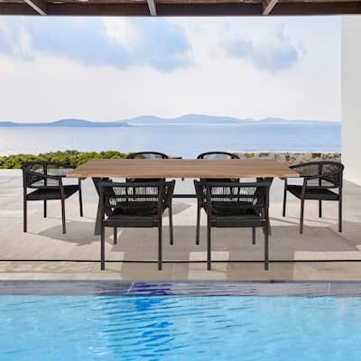 Glendora Doris Outdoor Patio 7 Piece Live Edge Dining Set in Eucalyptus Wood and Black Rope