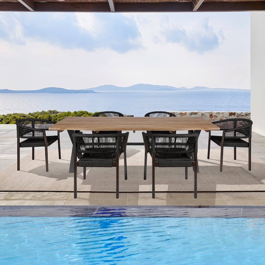 Glendora Doris Outdoor Patio 7 Piece Live Edge Dining Set in Eucalyptus Wood and Black Rope