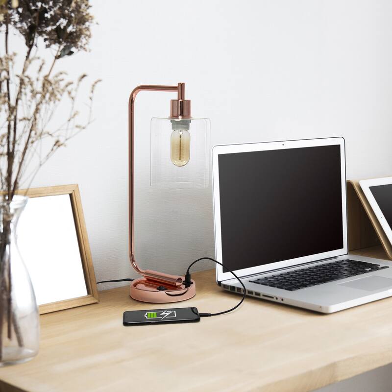 18.8 in. Rose Gold Finish Table Lamp with Clear Shade, Desk Lamp for Writing and Computer Desks