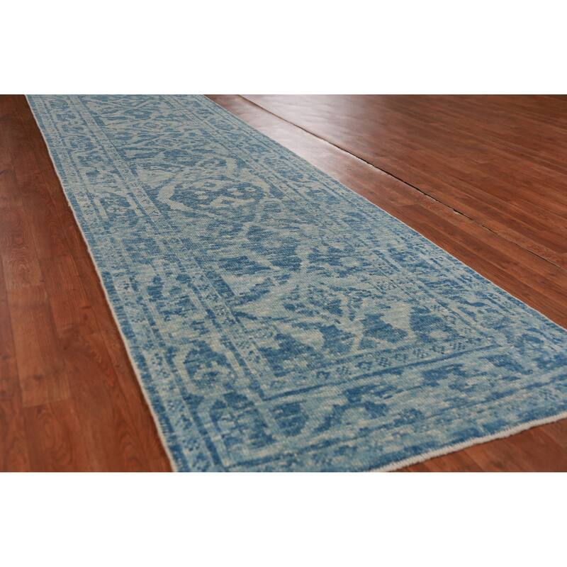Hand Knotted Oriental 100% Wool Carpet Transitional All-Over Navy Blue & Blues Oushak Runner Rug - 17' 4'' X 3' 2''