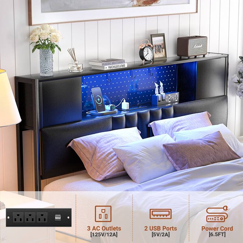 Farmhouse Bed Frame with Holey Board, Upholstered Headboard Platform Bed with Charging Station