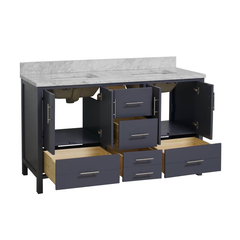 KitchenBathCollection California 60" Double Bathroom Vanity with Carrara Marble Top