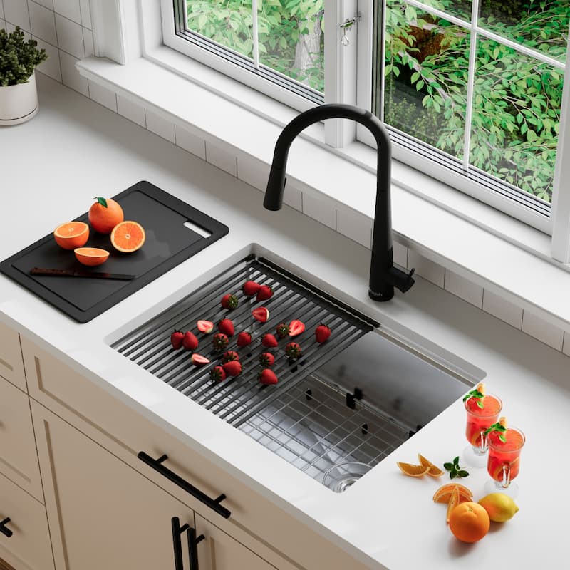 STYLISH 27 inches Workstation Single Bowl Undermount 16 Gauge Stainless Steel Kitchen Sink with Built in Accessories Handmade
