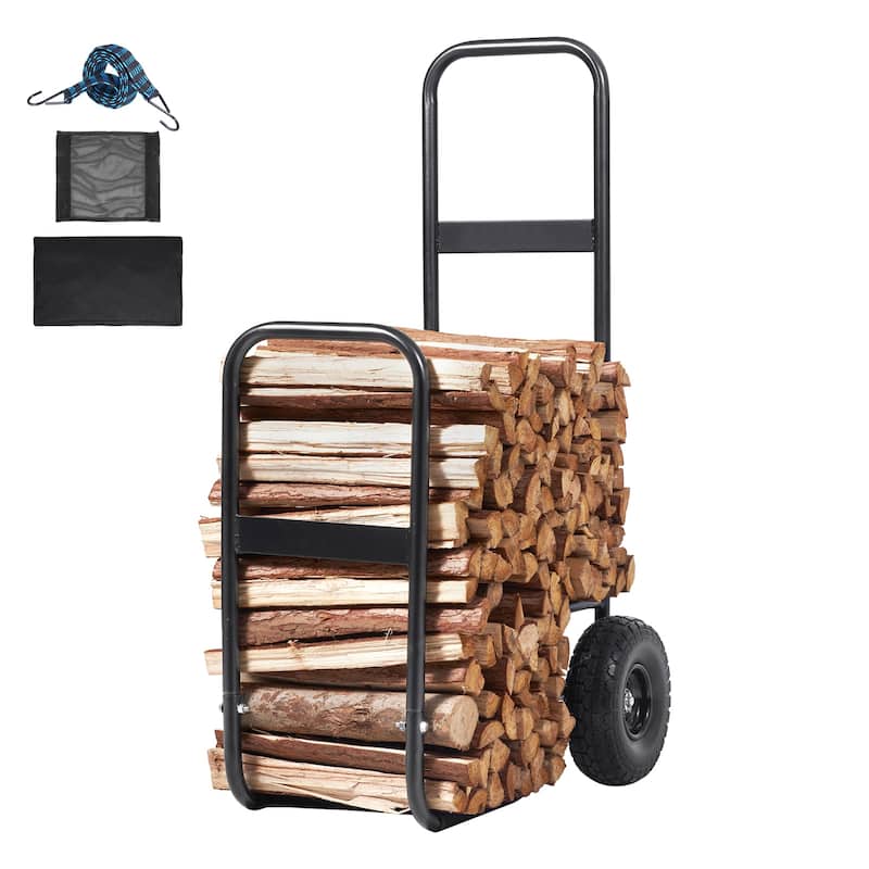 UIMOSO Firewood Log Cart, 250 lbs Capacity, Outdoor and Indoor Wood Rack Storage Mover with PU Wheels & Waterproof Cloth - Black